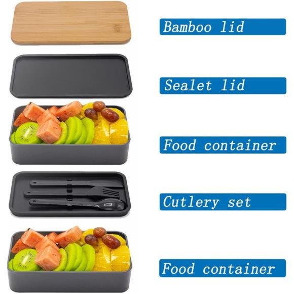 NEW in Box - Japanese Bamboo Box, Lunch Bag Meal Prep Black for Kids & Adults - Picture 2 of 6